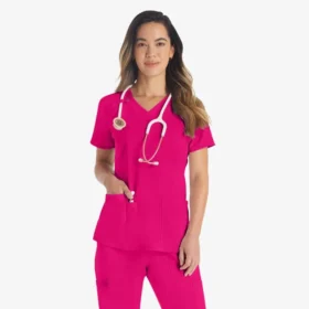 Blusa de trabajo con cuello en V Eds Essentials para mujer