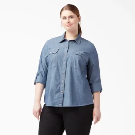 Camisas de trabajo de chambray con lengüetas para remangar para mujer tallas grandes