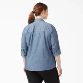 Camisas de trabajo de chambray con lengüetas para remangar para mujer tallas grandes