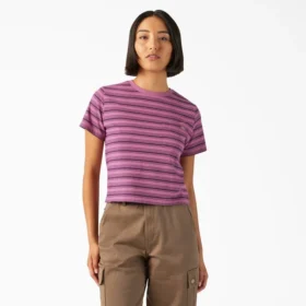 Camiseta corta de mujer con rayas y bolsillo