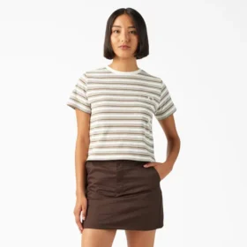 Camiseta corta de mujer con rayas y bolsillo