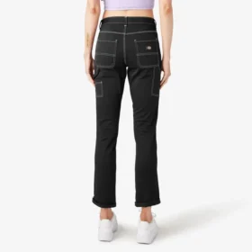 Pantalones de carpintero de corte recto ajustado con bajo enrollado para mujer